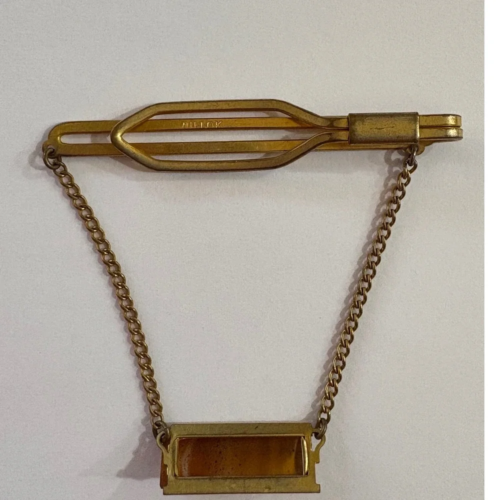 Anson Tie Clip Bar Vintage Gold Tone with Amber Stone Elegant Mens Jewelry 1960s